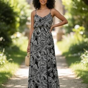 Roxi Elegant Black and White Floral Maxi Dress